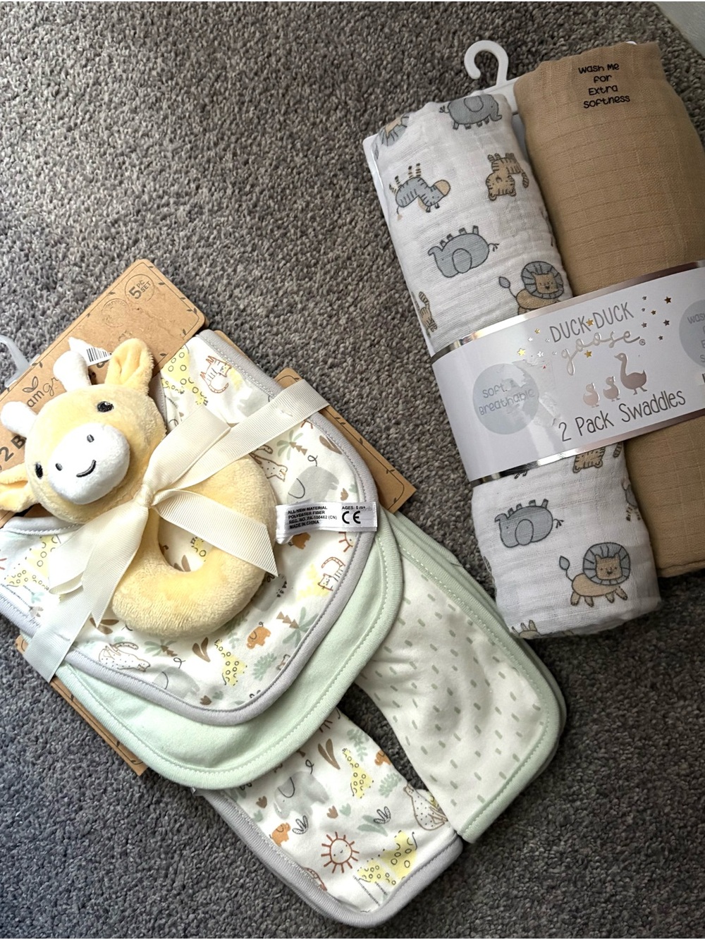 2-Pack Baby Swaddles and Neutral Bib Set - Beige, White, Mint